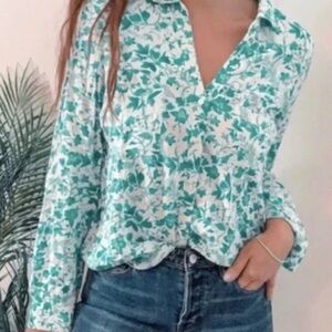 Maeve Green and White Floral Blouse